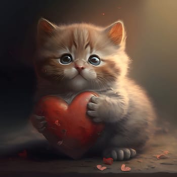 Tiny, sweet kitten or having a red heart in its paws, illustrations. Heart as a symbol of affection and love. The time of falling in love and love.