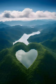 Green hills of mountain ranges covered with vegetation in the middle of one heart-shaped lake. Heart as a symbol of affection and love. The time of falling in love and love.