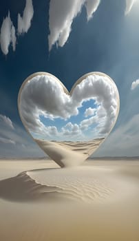 Heart with clouds sand, in the middle of the desert. Heart as a symbol of affection and love. The time of falling in love and love.