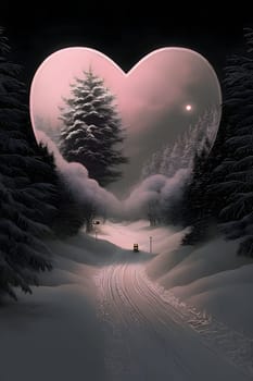 Winter land of pine trees covered with snow and a big heart. Heart as a symbol of affection and love. The time of falling in love and love.