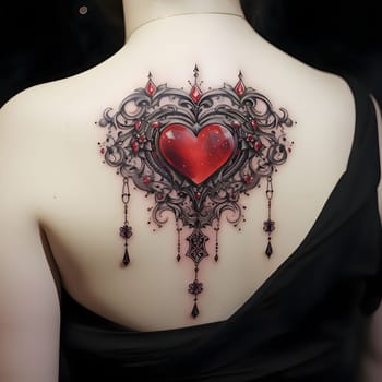 Woman's back and a tattoo of a red heart with ornaments. Heart as a symbol of affection and love. The time of falling in love and love.
