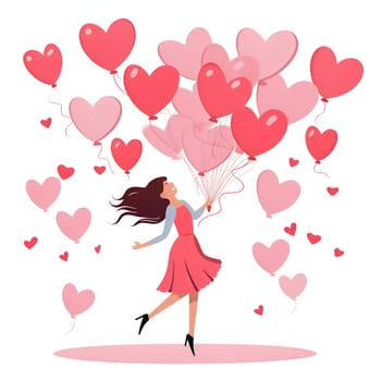 Woman holding heart-shaped balloons in her hand. Illustration on a white isolated background. Heart as a symbol of affection and love. The time of falling in love and love.