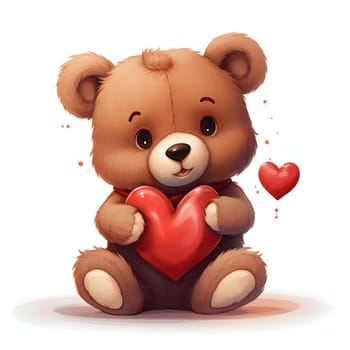 Illustration of a teddy bear, hugging a red heart on a white background. Heart as a symbol of affection and love. The time of falling in love and love.