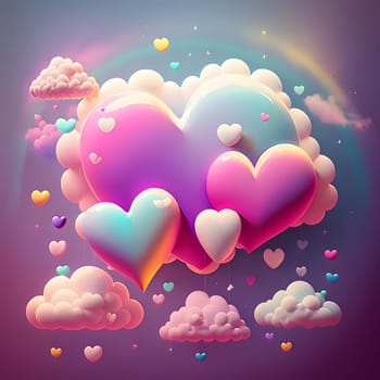 Illustration of colorful cloud hearts on a dark background. Heart as a symbol of affection and love. The time of falling in love and love.