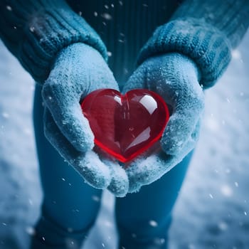 Red heart held in hands, wearing gloves falling snow. Heart as a symbol of affection and love. The time of falling in love and love.