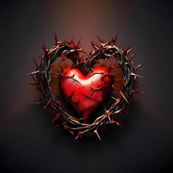 Red heart entwined with a crown of thorns on a dark background. Heart as a symbol of affection and love. The time of falling in love and love.