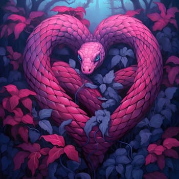 Illustration of a snake forming a heart with its tail over a background of leaves. Heart as a symbol of affection and love. The time of falling in love and love.