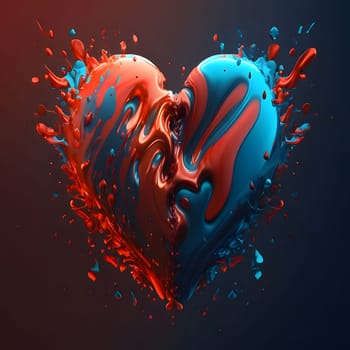 Red and blue heart made of paint on a dark background. Heart as a symbol of affection and love. The time of falling in love and love.