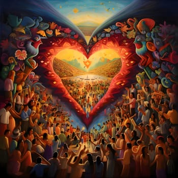 Illustration, painted hundreds of people in the middle, a large heart of abstraction, creative invention. Heart as a symbol of affection and love. The time of falling in love and love.