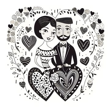 Cartoon illustration, a man and a woman and two hearts and ornaments with flowers heart around white and black picture. Heart as a symbol of affection and love. The time of falling in love and love.