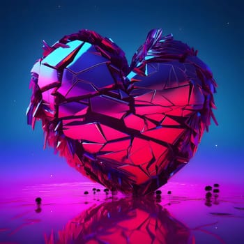 Cracked ruby heart on a purple and blue background. Heart as a symbol of affection and love. The time of falling in love and love.