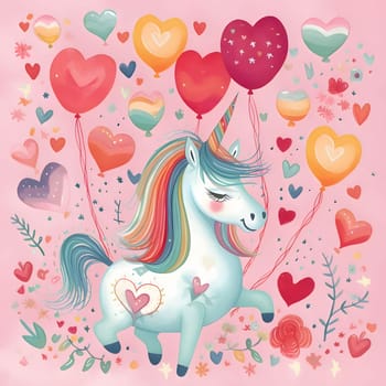 Unicorn pony around balloons in the form in a heart. Pink background. Heart as a symbol of affection and love. The time of falling in love and love.