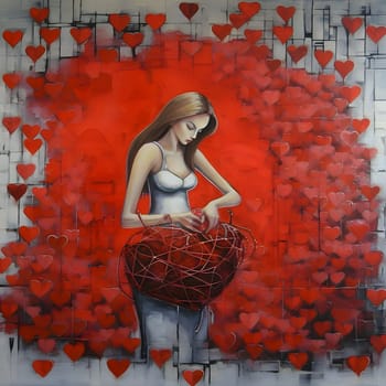 Woman holding hearts entwined with thorns in the background red hearts. Heart as a symbol of affection and love. The time of falling in love and love.