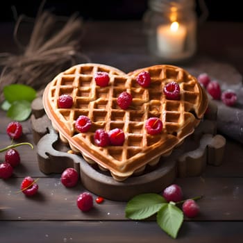 Wooden table top on it waffle in the shape of a heart with raspberries and cherries. Heart as a symbol of affection and love. The time of falling in love and love.