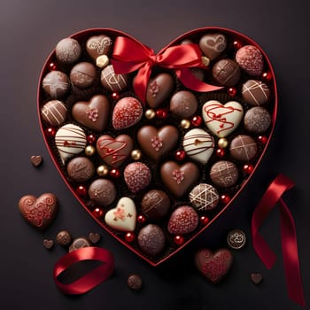 Red box of chocolates with a red bow, means chocolates in the shape of hearts. Heart as a symbol of affection and love. The time of falling in love and love.