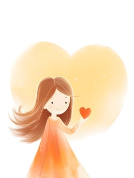 Drawing, a little girl or having a heart in her hand against a background of a large, bright yellow heart. Heart as a symbol of affection and love. The time of falling in love and love.