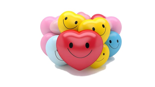 Smiling colorful hearts on white isolated. Heart as a symbol of affection and love. The time of falling in love and love.