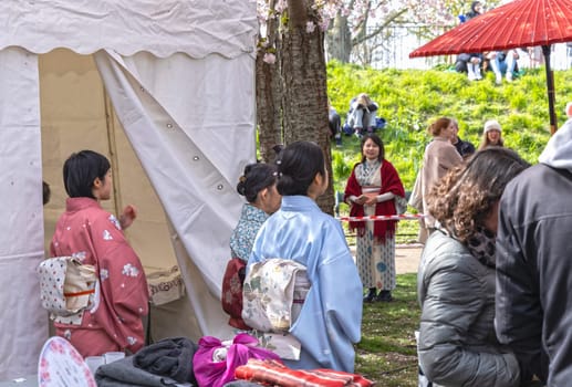 Japanese women in traditional Japanese clothing - kimono in the park at the sakura festival in Copenhagen, Denmark - April 21, 2024