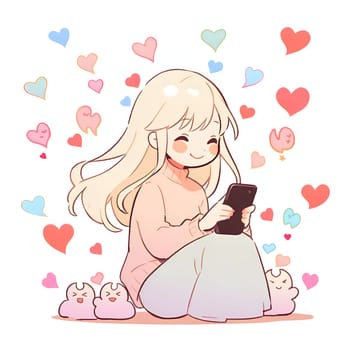 Illustrations smiling blushing girl with a smartphone in her hands around her colorful hearts white isolated. Heart as a symbol of affection and love. The time of falling in love and love.