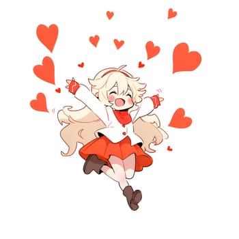 Illustrations of a blushing girl in a hop around her red hearts white isolated background. Heart as a symbol of affection and love. The time of falling in love and love.