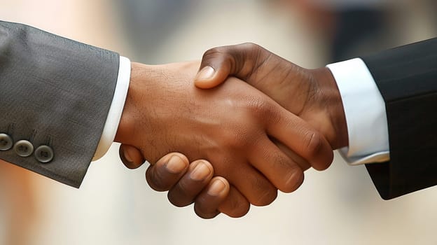 Two men shake hands in a business meeting. The handshake is firm and confident. The men are dressed in suits and ties, indicating a professional setting