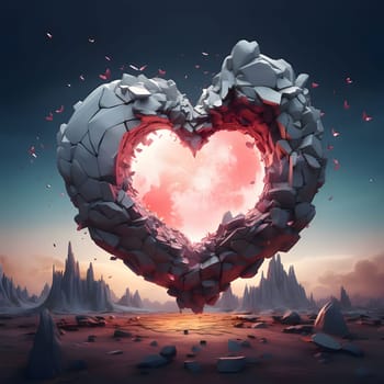 A large heart made of cracked stones in a deserted land in the middle of a pink image. Heart as a symbol of affection and love. The time of falling in love and love.