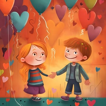 Image of a pair of boy and girl in love holding hands, around colored balloons in the shape of hearts. Heart as a symbol of affection and love. The time of falling in love and love.