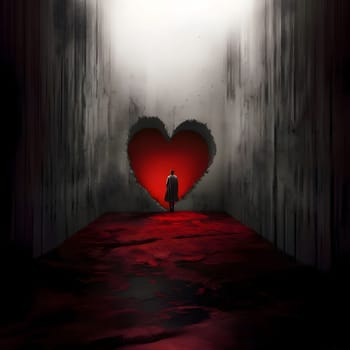 Silhouette of a man in passing through a large red heart in the wall. Heart as a symbol of affection and love. The time of falling in love and love.