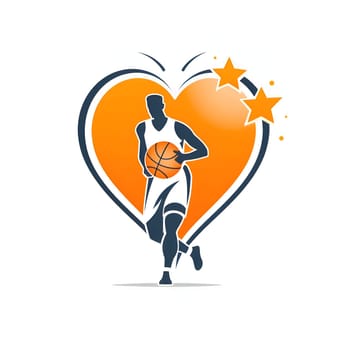 Logo concept. Basketball player in orange Heart of white loaded. Heart as a symbol of affection and love. The time of falling in love and love.