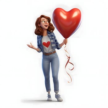 Cardboard illustration of a woman holding a balloon in the shape of a red heart. Heart as a symbol of affection and love. The time of falling in love and love.