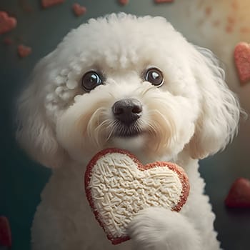 A small white dog or having its own heart cake close-up view. Heart as a symbol of affection and love. The time of falling in love and love.