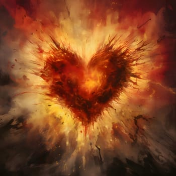 Watercolor paint on painted fiery heart with flames all around. Heart as a symbol of affection and love. The time of falling in love and love.