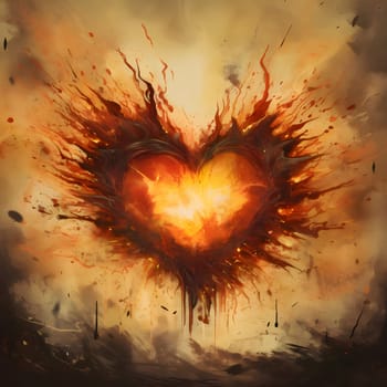 Watercolor paint on painted fiery heart with flames all around. Heart as a symbol of affection and love. The time of falling in love and love.