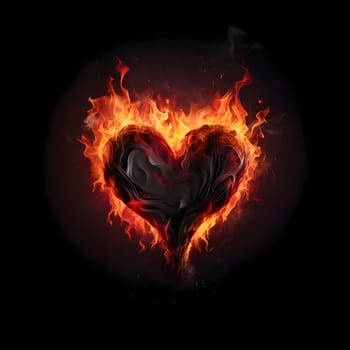 Fiery heart with flames on a black background. Heart as a symbol of affection and love. The time of falling in love and love.