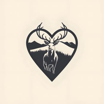 Logo concept deer, fallow deer in black heart white background. Heart as a symbol of affection and love. The time of falling in love and love.