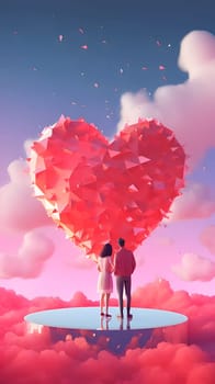 Couple man and woman standing on a platform in front of a large diamond, ruby studded heart. Heart as a symbol of affection and love. The time of falling in love and love.