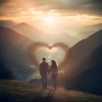 A couple in love holding hands in the middle of the mountains in front of them hearts. Heart as a symbol of affection and love. The time of falling in love and love.