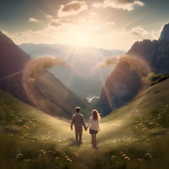 A couple in love holding hands in the middle of the mountains in front of them hearts. Heart as a symbol of affection and love. The time of falling in love and love.