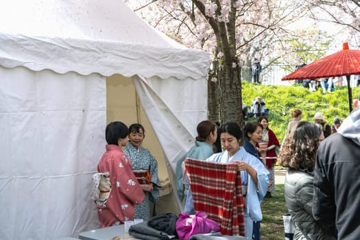 Japanese women in traditional Japanese clothing - kimono in the park at the sakura festival in Copenhagen, Denmark - April 21, 2024