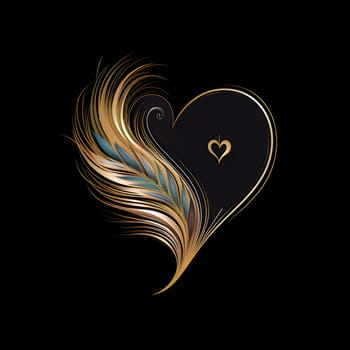 Heart logo concept with gold feather, black background. Heart as a symbol of affection and love. The time of falling in love and love.