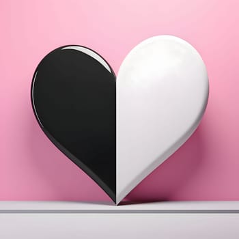 Large white and black heart on pink. Heart as a symbol of affection and love. The time of falling in love and love.