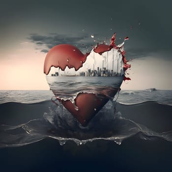 A red heart in the middle of the ocean, with a view of the city skyline in it. Heart as a symbol of affection and love. The time of falling in love and love.