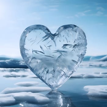 Ice heart in a winter land covered with snow. Heart as a symbol of affection and love. The time of falling in love and love.