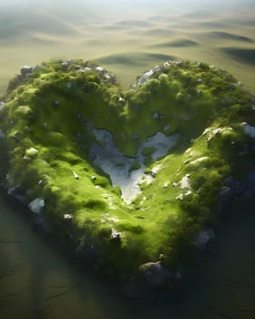 A large green heart made of vegetation in the middle of the desert. Heart as a symbol of affection and love. The time of falling in love and love.