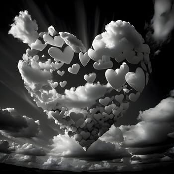 Black and white heart against the background of the sky u formulated with clouds and white tiny hearts. Heart as a symbol of affection and love. The time of falling in love and love.