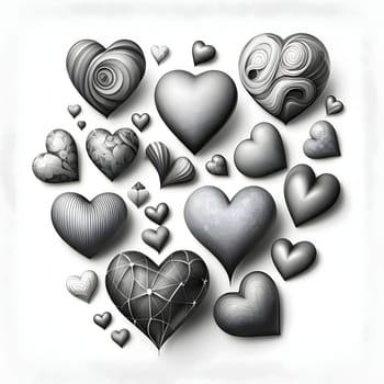 Black and gray white hearts with different decorations on a gray background. Heart as a symbol of affection and love. The time of falling in love and love.
