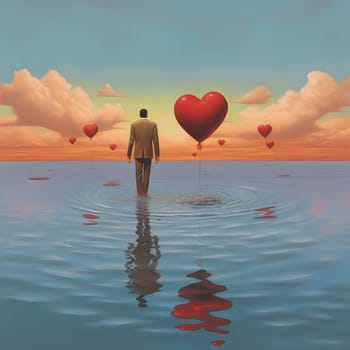 Illustration of a man in a suit walking in water around him red balloons shaped like hearts. Heart as a symbol of affection and love. The time of falling in love and love.
