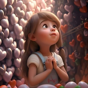 Fairy tale illustration of a girl with folded hands, in her background a mass of hearts. Heart as a symbol of affection and love. The time of falling in love and love.