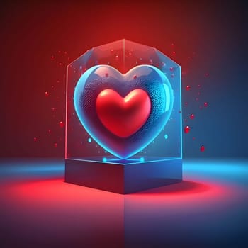 Blue heart in the middle of red in a glass container. Heart as a symbol of affection and love. The time of falling in love and love.