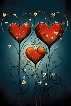 Abstract illustration, long golden stems in the middle of big red hearts, dark background. Heart as a symbol of affection and love. The time of falling in love and love.